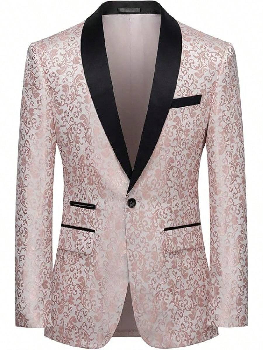 Men's Floral Dinner Party Prom Wedding Stylish Suits For Men One Button Dinner Jacket Pants Sethalloween - 粉色 - 查看 1