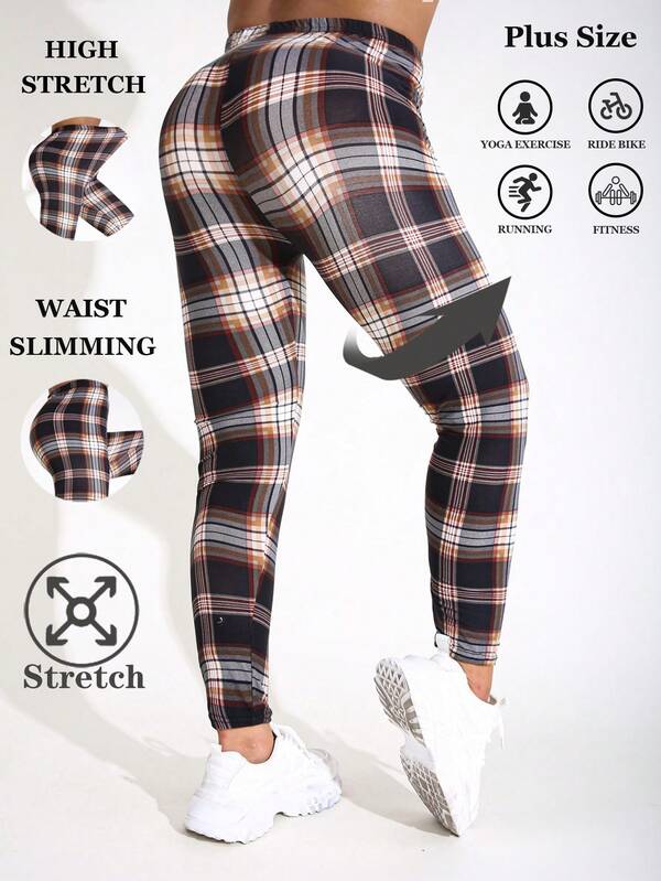 Colanți de damă cu model în carouri, mărimi mari, versatili pentru activități în aeer, casual, sport, fitness, yoga, toamnă/iarnă