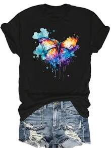 Camiseta con estampado de mariposa, unisex, de verano, casual, transpirable, de cuello redondo, de manga corta, ropa de calle, versátil, adecuada para adolescentes y adultos - Negro - Ver 1