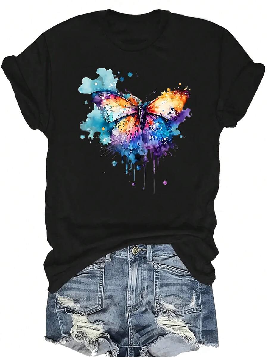 Camiseta con estampado de mariposa, unisex, de verano, casual, transpirable, de cuello redondo, de manga corta, ropa de calle, versátil, adecuada para adolescentes y adultos - Negro - Ver 1