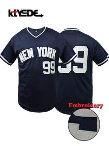 KTYSDE Men's #99 Navy Blue Retro Baseball Jersey, New York Letter Embroidery, Loose V-Neck Short Sleeve Pullover Sportswear, Suitable For Casual Daily Wear, Streetwear, Baseball, Golf Training, Fan Gift, - Navy Blue - View 1