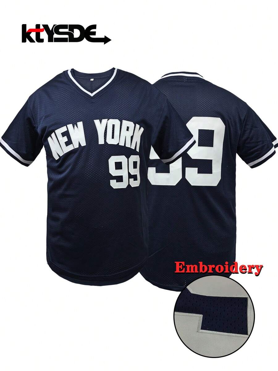 KTYSDE Men's #99 Navy Blue Retro Baseball Jersey, New York Letter Embroidery, Loose V-Neck Short Sleeve Pullover Sportswear, Suitable For Casual Daily Wear, Streetwear, Baseball, Golf Training, Fan Gift, - Navy Blue - View 1