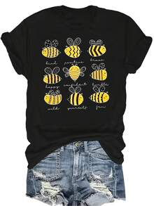 Camiseta unisex de verano casual y transpirable con diseño de abeja feliz, de cuello redondo y manga corta, versátil y adecuada para adolescentes y adultos - Negro - Ver 1