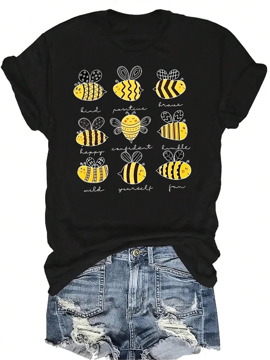 Camiseta unisex de verano casual y transpirable con diseño de abeja feliz, de cuello redondo y manga corta, versátil y adecuada para adolescentes y adultos - Negro - Ver 1