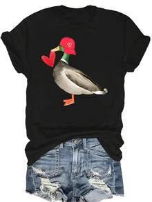 Camiseta con estampado de pato Mallard de San Valentín, unisex, de verano, casual, transpirable, de cuello redondo, de manga corta, ropa de calle, versátil, adecuada para adolescentes y adultos - Negro - Ver 1