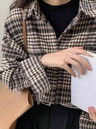 女士优雅格子短外套，新款复古长袖衬衫，秋冬加厚羊毛上衣