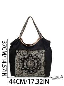 女士手提包，大容量防水帆布刺绣托特包，个性化图案便携单肩托特包 - 黑色 - 查看 9