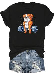 Camiseta unisex con diseño divertido de bulldog, camiseta de verano casual, transpirable, de cuello redondo, de manga corta, ropa de calle versátil, adecuada para adolescentes y adultos - Negro - Ver 1