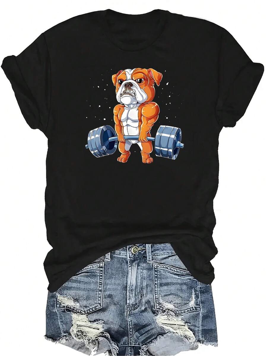 Camiseta unisex con diseño divertido de bulldog, camiseta de verano casual, transpirable, de cuello redondo, de manga corta, ropa de calle versátil, adecuada para adolescentes y adultos - Negro - Ver 1