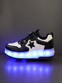 GUANGLAN 2-In-1 LED Light Up Roller Skates For Girls, 2 Wheels Removable USB Rechargeable Roller Skates, Leather Upper, 11 Flashing Modes, 7 Colorful Lights, Unisex Rotatable Button, Easy On/Off, Outdoor Sports - Black and White - View 9