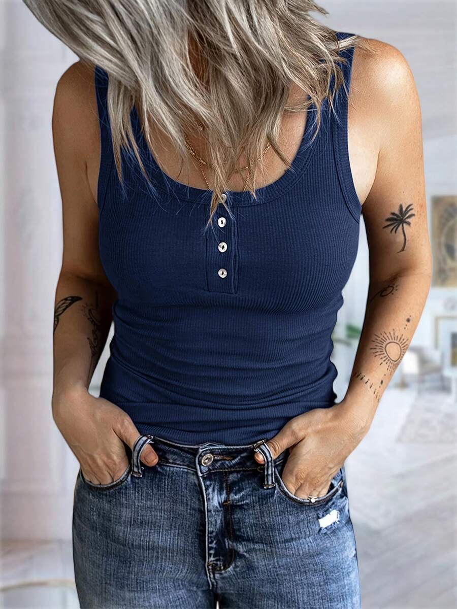 Women Henley Tank Tops Scoop Neck Ribbed Tops Summer Sleeveless Shirts Slim Fit Cami Knit Tees - 藍色 - 查看 1