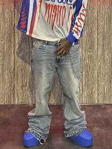 Calça Jeans Masculina Reta Solta com Barra Desfiada, Perna Larga, Streetwear Casual Y2K, Lavagem Vintage Desgastada, Todas as Estações