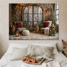 1 片冬季仙境摄影背景布 - 雪景圣诞场景配乡村木拱门、农舍灯饰 - 室内派对和节日装饰摄影背景、生日庆祝活动、活动 - 温馨小屋氛围装饰、迷人的节日设计、温暖亲切的感觉 - 多色 - 查看 3
