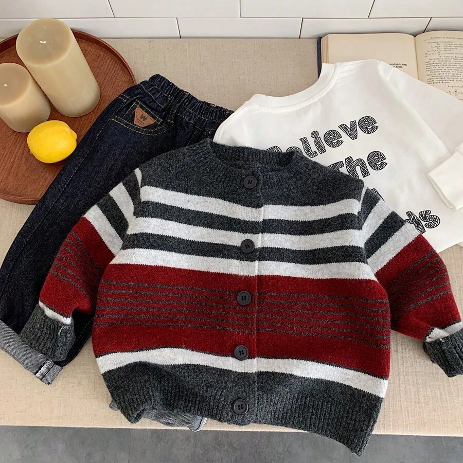 Korean Style Casual Striped Knit Cardigan For Toddler Boys, Loose Retro Sweater Jacket, Autumn 2025 New Arrival