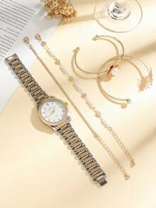 Set de 5 relojes de cuarzo casuales con esfera de diamantes de imitación para mujeres + pulsera de flor de perla, regalo de graduación de verano, regalo de vacaciones, sin caja de regalo - Multicolor - Ver 4