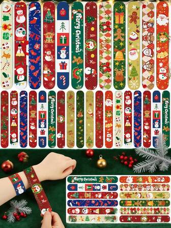 72/48/24/12pcs Christmas Slap Bracelets, Christmas Party Favor Slap Bracelets, Birthday Giveaways, Party Decorations, Classroom Exchanges, Prizes And Goodie Bag Fillers, Etc.