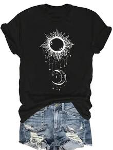 Camiseta de verano para hombre con estampado de sol y luna, camiseta unisex de verano casual, transpirable y de personalidad, de cuello redondo y manga corta, ropa de calle versátil, adecuada para adolescentes y adultos - Negro - Ver 1