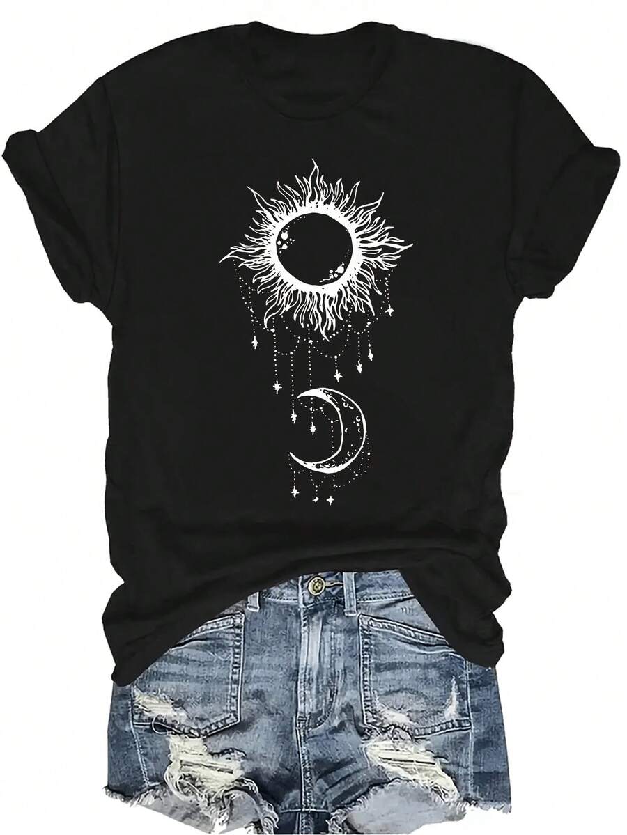 Camiseta de verano para hombre con estampado de sol y luna, camiseta unisex de verano casual, transpirable y de personalidad, de cuello redondo y manga corta, ropa de calle versátil, adecuada para adolescentes y adultos - Negro - Ver 1