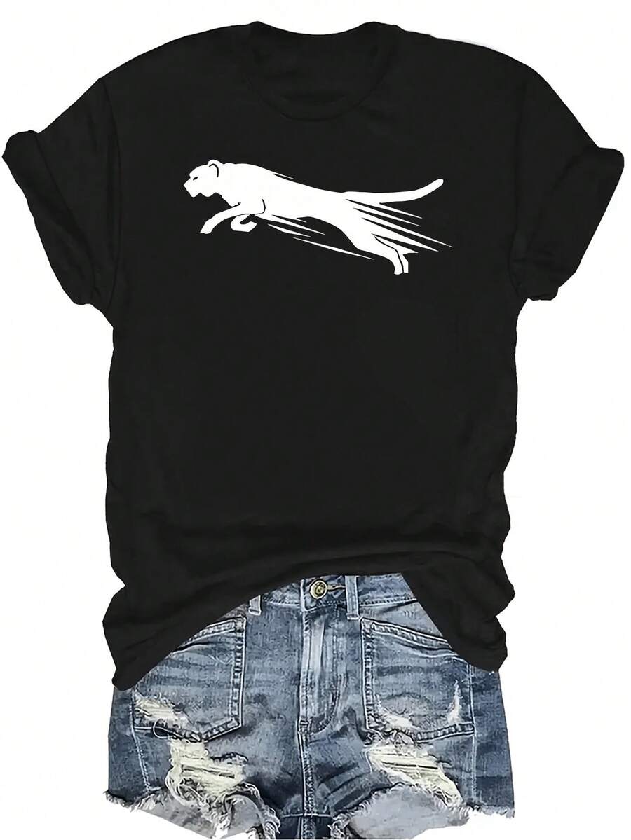 Camiseta con estampado de guepardo, unisex, de verano, casual, transpirable, de cuello redondo, de manga corta, ropa de calle, versátil, adecuada para adolescentes y adultos - Negro - Ver 1