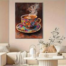 Taza de café Floral colorida, impresión artística con marco de madera, pintura al óleo vibrante sobre lienzo para decoración de salón, dormitorio o cocina - Multicolor - Ver 6