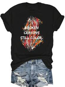 Camiseta gráfica de manga corta, cuello redondo, de verano, casual, transpirable y versátil con el texto "LOS CRAYONES ROTOS TODAVÍA COLOREAN", adecuada para adolescentes y adultos - Negro - Ver 1