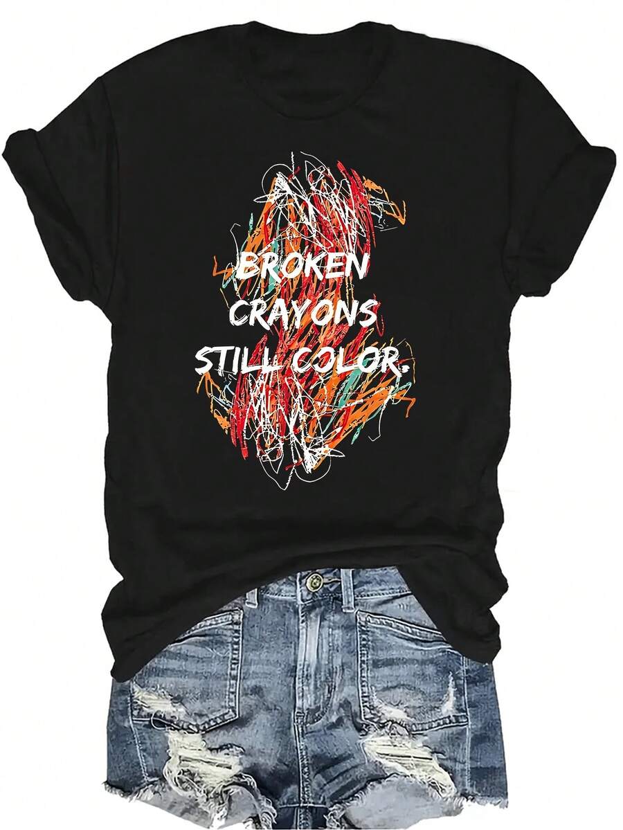 Camiseta gráfica de manga corta, cuello redondo, de verano, casual, transpirable y versátil con el texto "LOS CRAYONES ROTOS TODAVÍA COLOREAN", adecuada para adolescentes y adultos - Negro - Ver 1