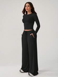 NcmRyu 1 Set Damen bequemer, lässiger, einfarbiger, rundhalsiger, weiter, gerade geschnittener, locker sitzender Langarm Fitness, Workout, Outdoor Sport Anzug