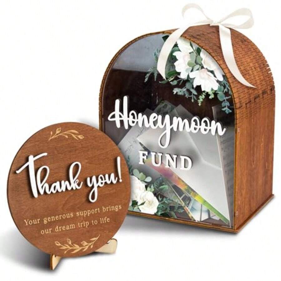 MHoneymoon Fund Box Wedding Wooden Wedding Gift Card Box Rustic Marriage Decor For Reception Honey Moon Fund Money Boxes Birthday Graduation Baby Shower And Bridal Showers10 - 蜜月基金箱 - 查看 1