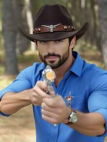 1pc Unisex Retro Western Cowboy Hat With Bull Trim For Everyday Casual Wear, Western Cowboy Parties.