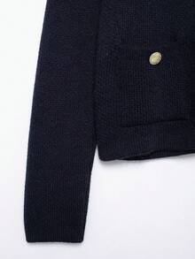 DEEKA Women's Fashionable Casual Minimalist Gold Button Accent Knit Cardigan, Spring/Autumn - Navy Blue - View 7