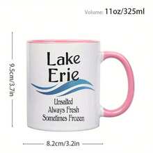 Funny Humorous Sarcastic 11oz Ceramic Coffee MugLake Erie Mug - Unsalted, Always Fresh, Sometimes Frozen - Ceramic Coffee Cup With Pink Handle And Blue Wave Design - Perfect Gift For Lake Lovers And Nature EnthusiastsIdeal Birthday Gift For Women, Men, Friend, Coworker, Family - 粉色 - 查看 9