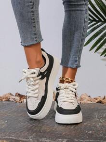 Zapatillas de deporte de moda versátiles de uso diario con contraste de color para mujer - Beige oscuro - Ver 4