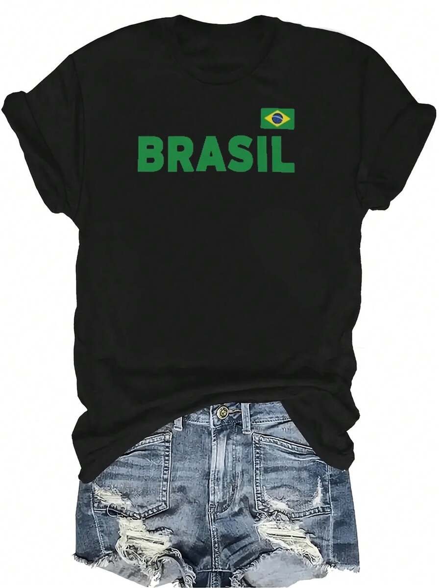 Camiseta de Brasil Unisex, casual de verano, transpirable, de cuello redondo, de manga corta, ropa de calle versátil, adecuada para adolescentes y adultos - Negro - Ver 1