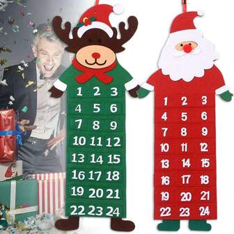 降临节日历 - 传统毛毡装饰，带有圣诞老人、雪人和驯鹿图案，24 天节日家居装饰，无需电源