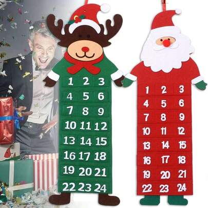 Advent Calendar - Traditional Felt Ornament With Santa Claus, Snowman And Reindeer Designs, 24 Days Of Holiday Home Decor, No Power Required