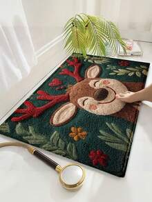 1 Peça Tapete de Banheiro de Microfibra com Desenho de Cervo de Natal - Seca Rapidamente e Absorve Bem a Água, com um Padrão Festivo de Bagas Vermelhas e Folhas Verdes. Perfeito para Decoração de Cozinha e Banheiro. Lavável em Máquina. Decoração de Banheiro de Natal.