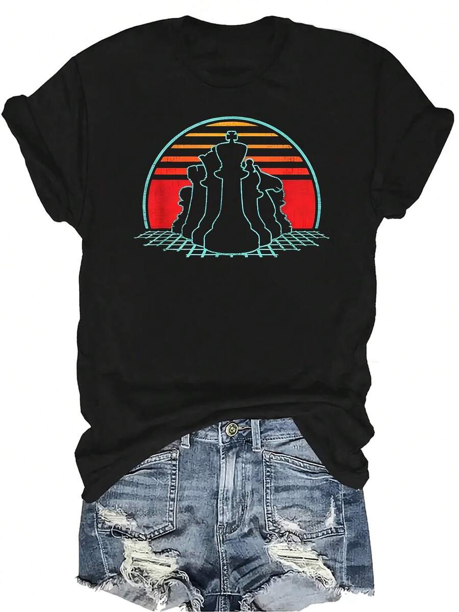 Camiseta de ajedrez unisex, de verano, casual, transpirable, con personalidad, cuello redondo, manga corta, ropa de calle, versátil, adecuada para adolescentes y adultos - Negro - Ver 1