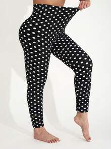 Plus Size Women's Minimalist Black Leggings With Small Polka Dot Pattern, Suitable For Outdoor Activities, Cycling, Adventure, Hiking, Casual, Sports, Running, Fitness, Home Workout, Squats, Yoga, Gym Training, Ankle Length