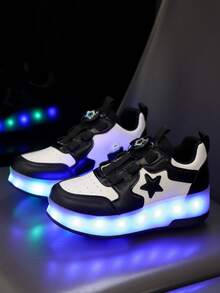 GUANGLAN 2-In-1 LED Light Up Roller Skates For Girls, 2 Wheels Removable USB Rechargeable Roller Skates, Leather Upper, 11 Flashing Modes, 7 Colorful Lights, Unisex Rotatable Button, Easy On/Off, Outdoor Sports - Black and White - View 3