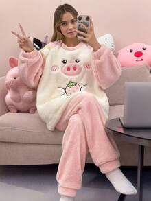 Cute Pig & Strawberry Plush Pajama Set - Polyester Fleece Winter Loungewear - Hồng - Xem 3