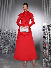 Váy maxi dài tay đính nơ họa tiết hoa 3D thanh lịch dành cho nữ, thích hợp cho ngày lễ tình nhân, phù dâu, dạ hội trang trọng - Đỏ - Xem 2