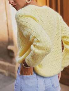 Solid Color Cardigan Long Sleeve Knit Sweater Jacket, Autumn/Winter - Yellow - View 2