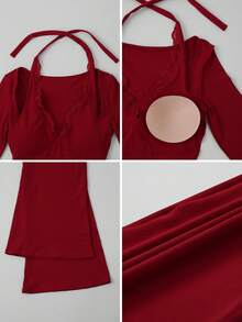 NcmRyu 1件舒适休闲圆领阔腿直筒圣诞连体裤 春季 - 紅色 - 查看 4