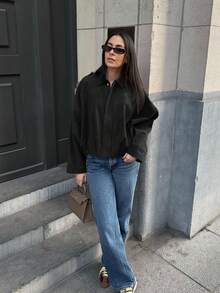 Áo khoác nữ tay dài cài một hàng khuy dáng rộng, chất liệu giả da lộn, thích hợp mặc mùa xuân. Áo khoác ngắn màu xanh quân đội có túi và khuy kim loại, thích hợp mặc mùa xuân và mùa thu. Màu đen. - màu đen - Xem 6