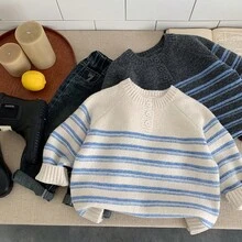 2-5岁男童条纹套头毛衣，休闲复古可爱韩版宽松毛衣，秋季 - 米色 - 查看 7