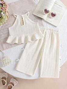 Baby Girls' Solid Color Spaghetti Strap Camisole Top With 3D Bow Decor & Ruffle Hem, Straight Leg Pants 2 Piece Outfit, Suitable For Everyday Outings In Spring/Summer - Apricot - View 3