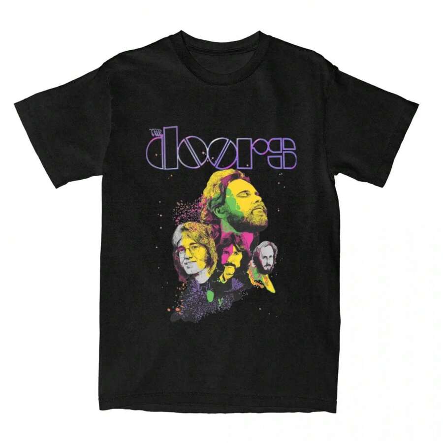 60s Legend Jim Morrison Doors Band T Shirt Accessories Men Women's Pure Cotton Crazy T-Shirt Short Sleeve Clothing Gift Idea - 黑色 - 查看 1