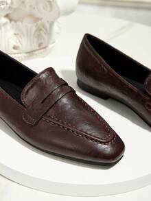 秋冬新款复古法式简约休闲一脚蹬乐福鞋，百搭纯色拼接休闲户外女鞋，适合所有季节 - 咖啡棕 - 查看 5