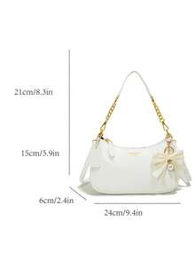 Nuevo bolso de moda clásico y versátil con diseño gráfico de letras, unicolor, material impermeable de PU, bolso de hombro, bolso de axila, adecuado para compras, decorado con colgante de ce - Blanco 5 - Ver 7
