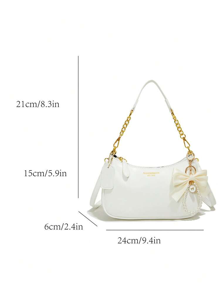 Nuevo bolso de moda clásico y versátil con diseño gráfico de letras, unicolor, material impermeable de PU, bolso de hombro, bolso de axila, adecuado para compras, decorado con colgante de ce - Blanco 5 - Añade 7